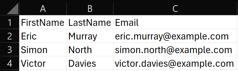 Example CSV layout for assigning users
