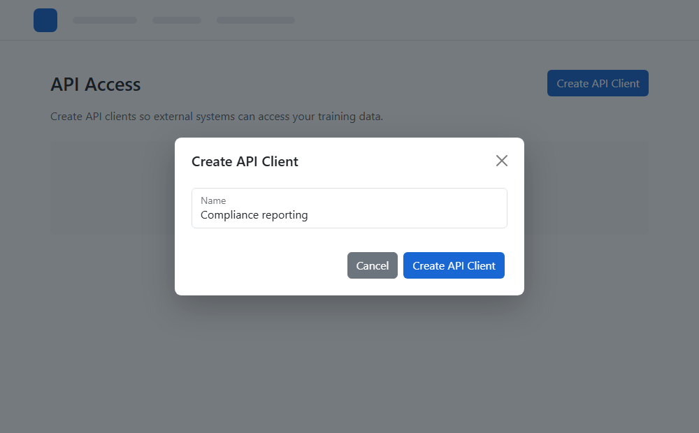 Create API Client dialog with a descriptive integration name