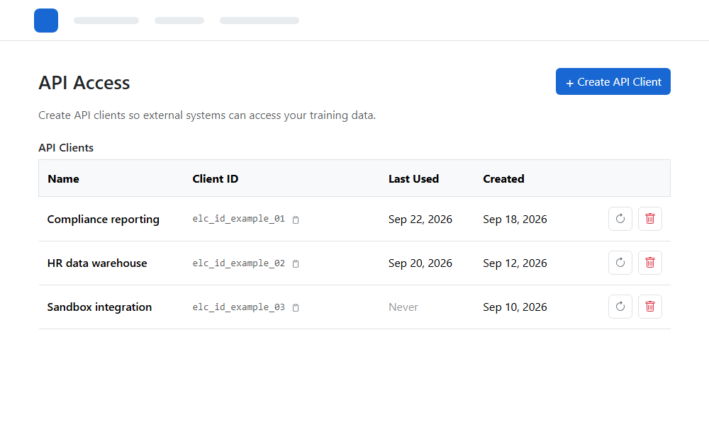 API Clients list with three non-production example integrations and management actions