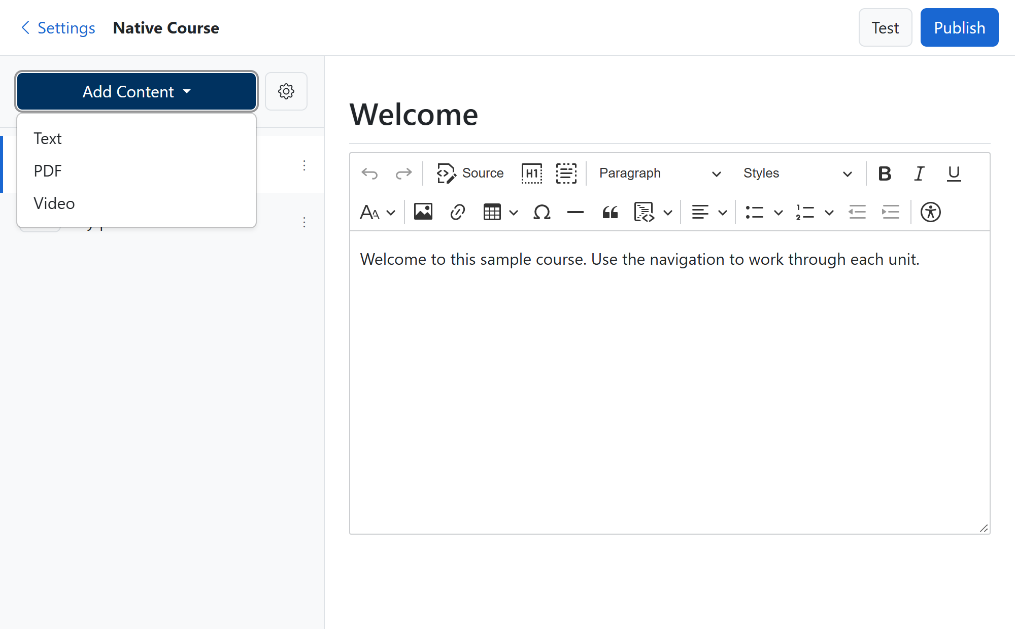 Standard Content editor with the content list open and Text, PDF, and Video choices visible