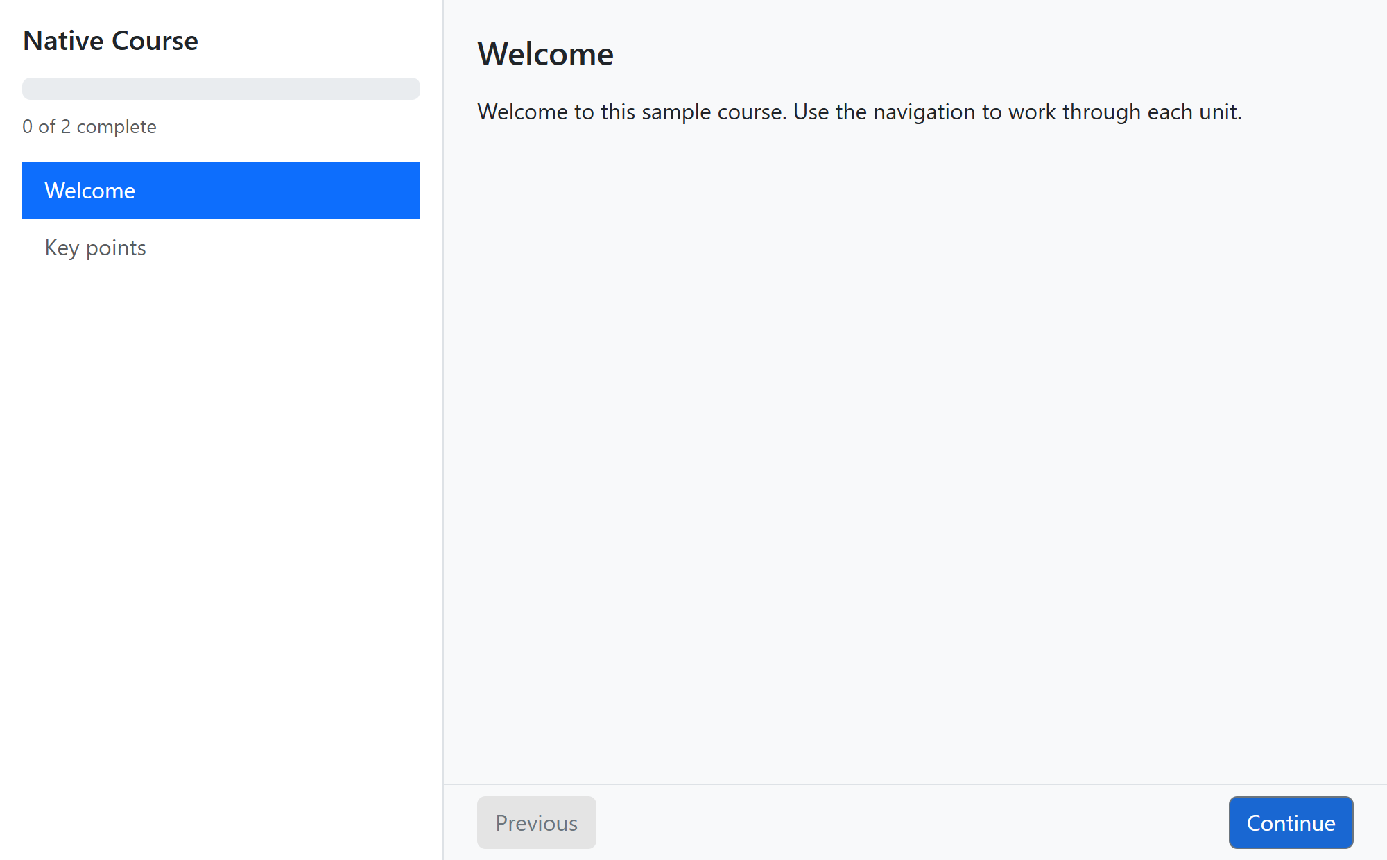 Learner preview showing the course table of contents, progress, and navigation