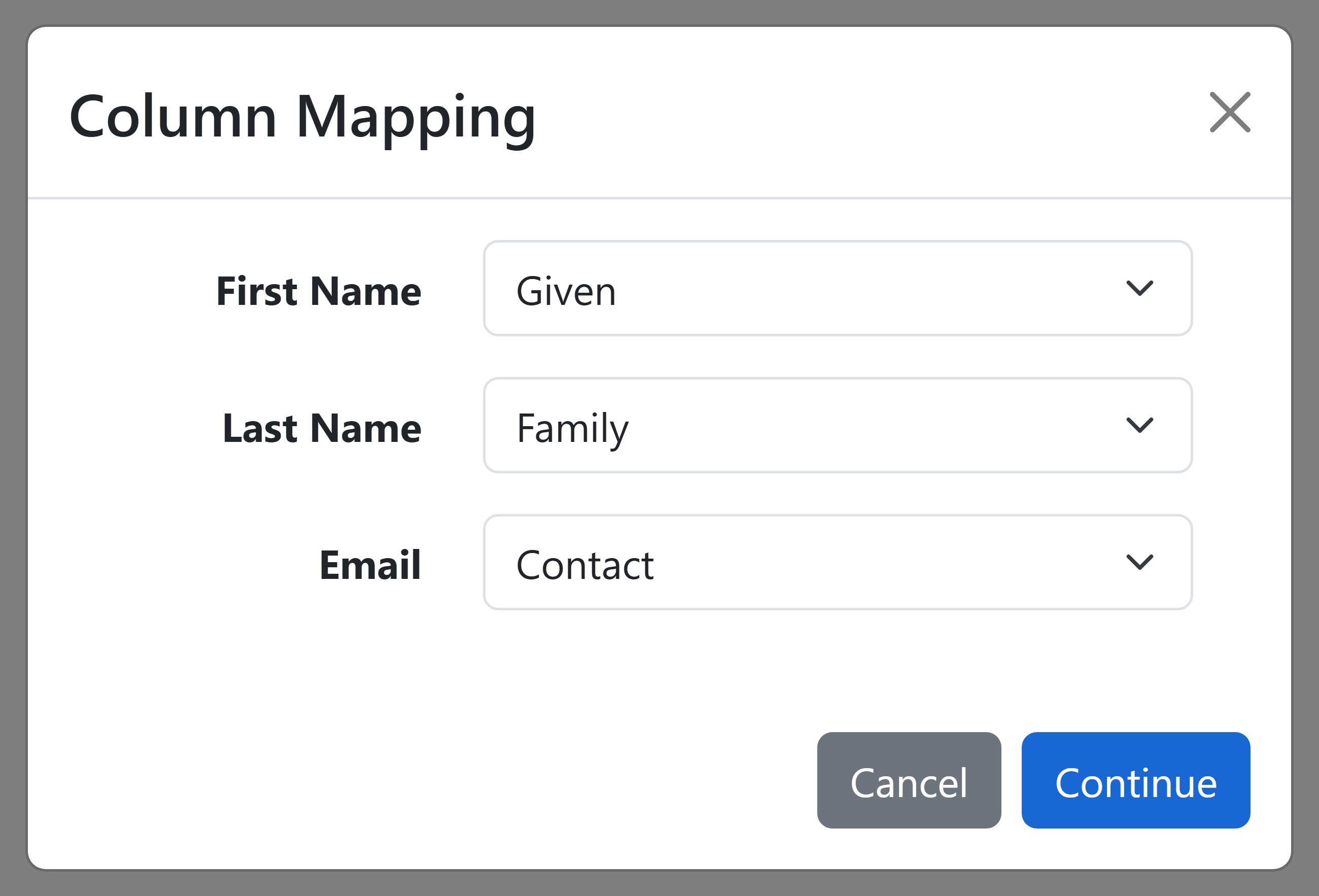 Column Mapping dialog with first name, last name, and email columns selected