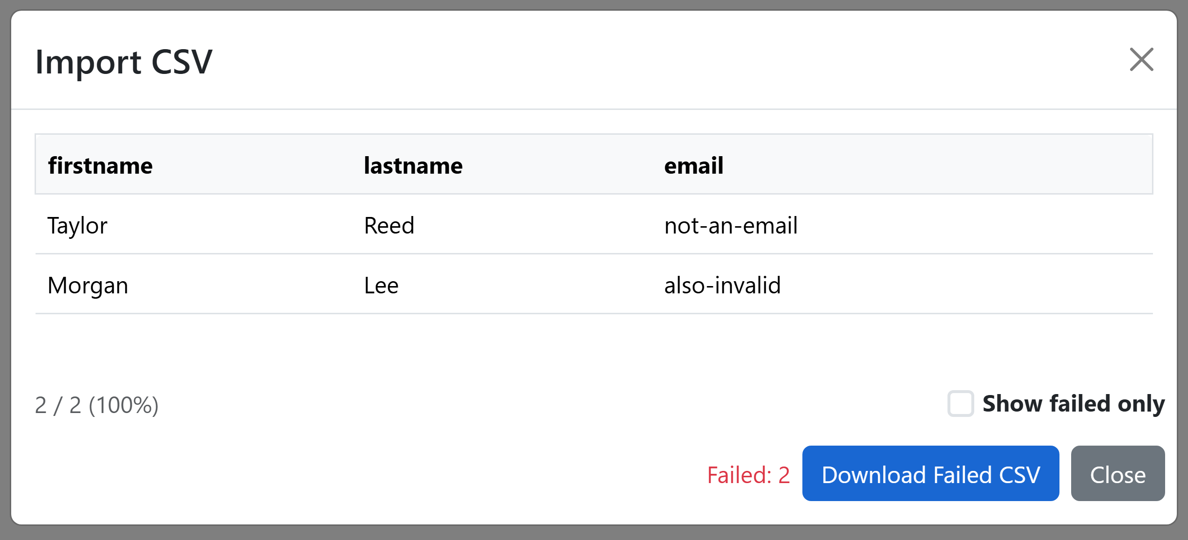 Import result with two invalid email addresses and Download Failed CSV action