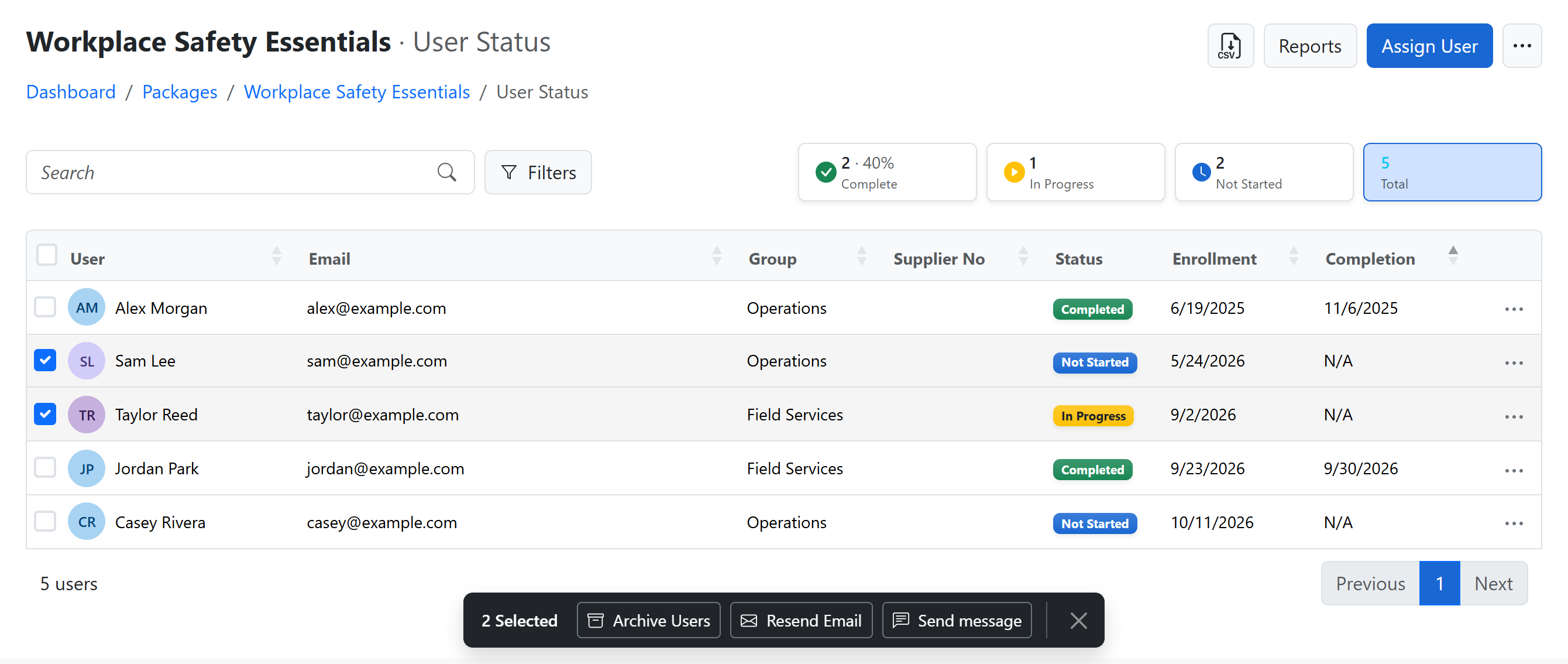 User Status report with search, filters, status counts, CSV download, and two selected learners showing the action bar