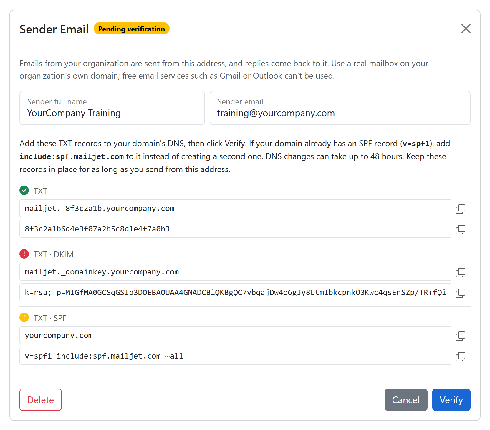 Sender Email dialog pending verification, listing the DNS records to add with copy buttons