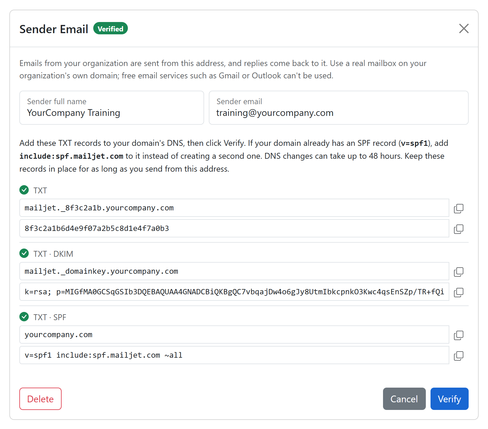 Sender Email dialog showing Verified with a green check next to every DNS record